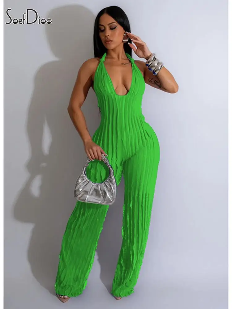 

Soefdioo Wave Texture Sexy Halter Bandage Backless Wide Leg Jumpsuits Women Autumn 2023 Fashion Street One Piece Rompers Overall