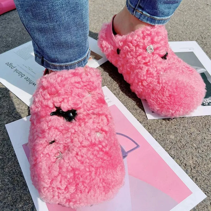 Creative Design Baotou Fur Slippers Solid Color Wool-fur Warm Fashion Slippers Winter Outdoor Ladies Fluffy Slippers
