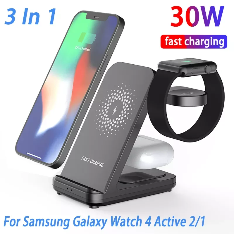

30W Wireless Charger Stand For Samsung Galaxy Watch 4 Active 2/1 3 IN 1 Qi Fast Charging Dock Station For iPhone Samsung S21/S20