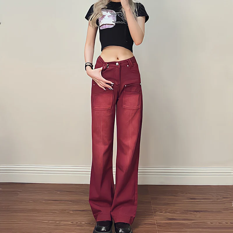 

Женские винтажные мешковатые джинсы в американском стиле, красные летние джинсовые брюки с высокой талией и эффектом потертости, красные б...