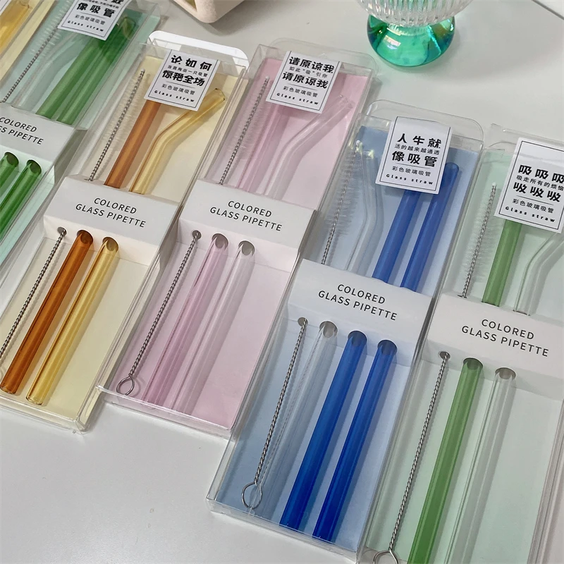 

2/3PCS Portable Glass Drinking Straw with Cleaning Brush Heat Resistant Coffee Milk Juice Straw Colored Bar Pub Cocktail Straws