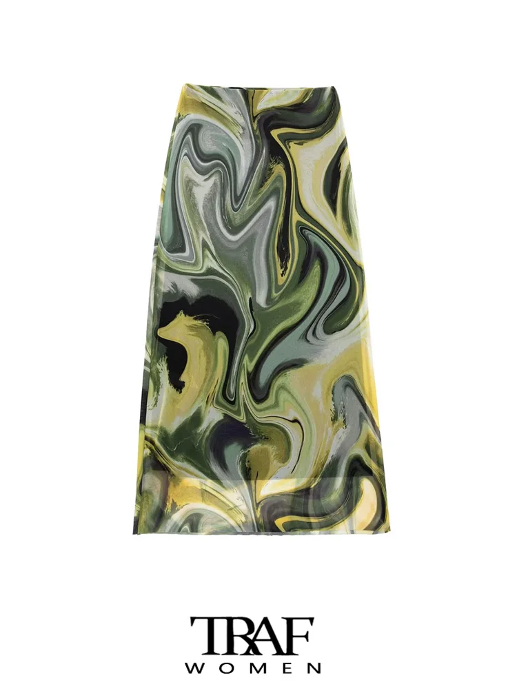 

Юбка-миди траф женская с принтом, модная винтажная Тюлевая юбка с завышенной эластичной талией и подкладкой