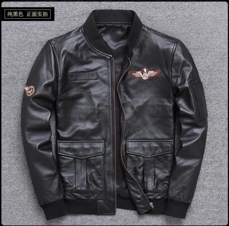 

Free shipping.brand new men leather cloth.quality classic bomber cowhide jacket.black air force Ma-1 leather coat.sales