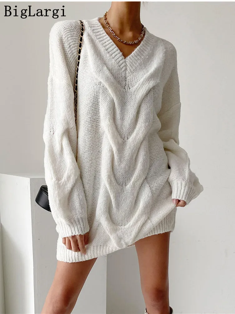 

Autumn Winter Knitted Sweater Women Elegant Pullover Ladies Sweaters Dress Loose Long Sleeve Tops Jumpers Pull Femme