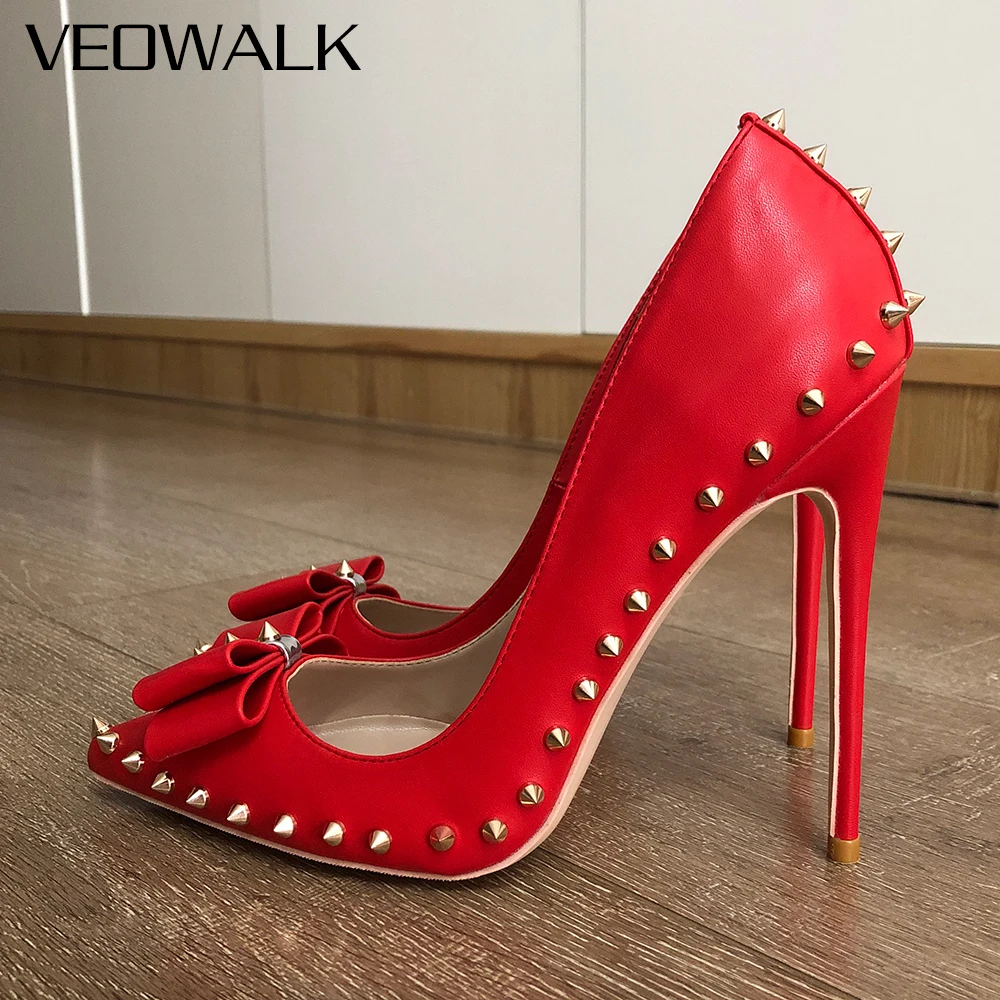 

Veowalk Red Matte Women Sexy Spikes Bow Pointy Toe Stiletto Pumps 8cm 10cm 12cm Ladies Rivets High Heel Party Shoes Customize