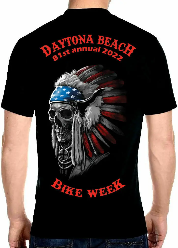 

Mens 2022 Daytona Beach Bike Week Patriotic Skull Headdress Tee Shirt