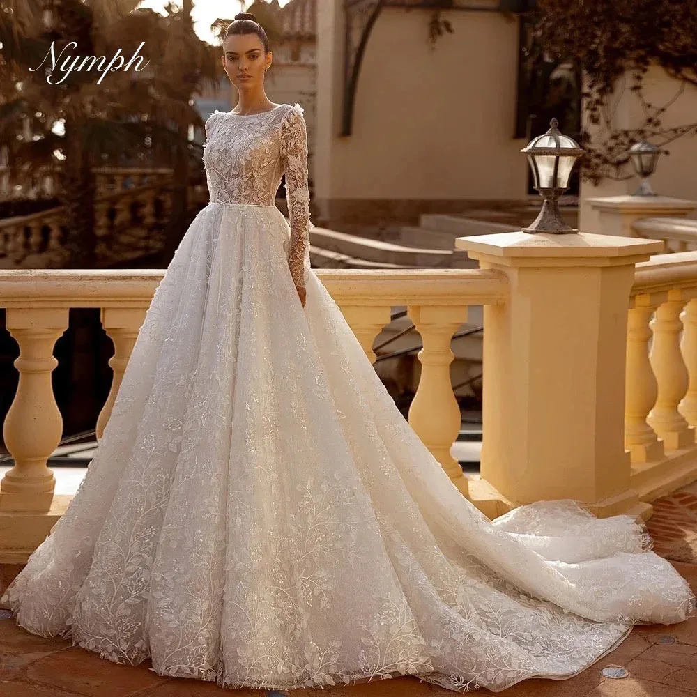 Шикарные свадебные платья трапециевидной формы с круглым вырезом и длинными