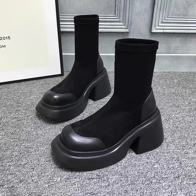 Autumn Spring Women Shoes Woman Platform Boots Fashion Round Toe Ankle Boots 2023 Winter Elastic Black Spuare Comfortable Botas