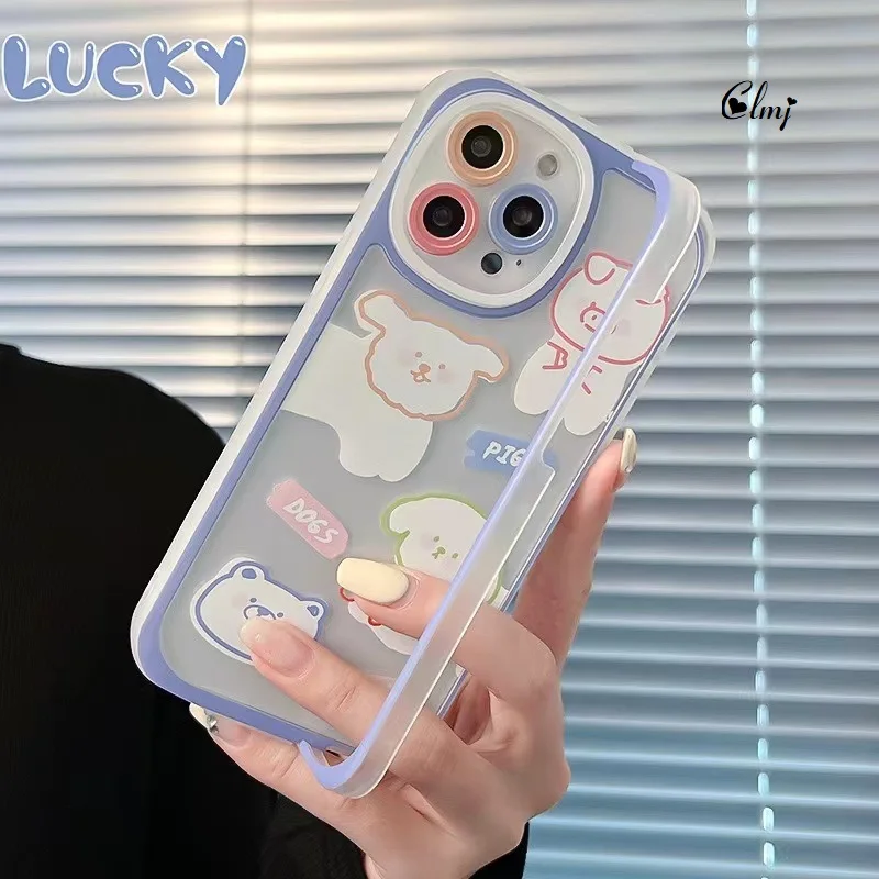 

Clmj Bear Dog Pig Phone Case For iPhone 11 12 13 Pro 14 7 8 X XR XS Max Silicone Protective Cover With Invisible Stand Holder
