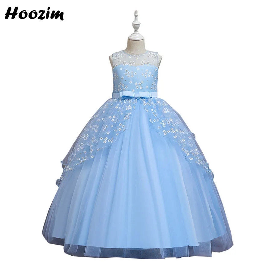 

Navy Blue Print Flower Back Bow Pageant And Wedding Party Ball Gown Girls 6 To 13 Years Champagne Prom And Evening Dress Child