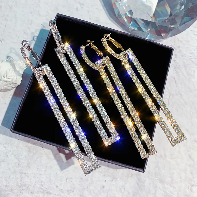 

925 Silver Needle European and American Fashion Exaggerated Diamond Rectangular Earrings Korean Earrings Long Full-Jeweled