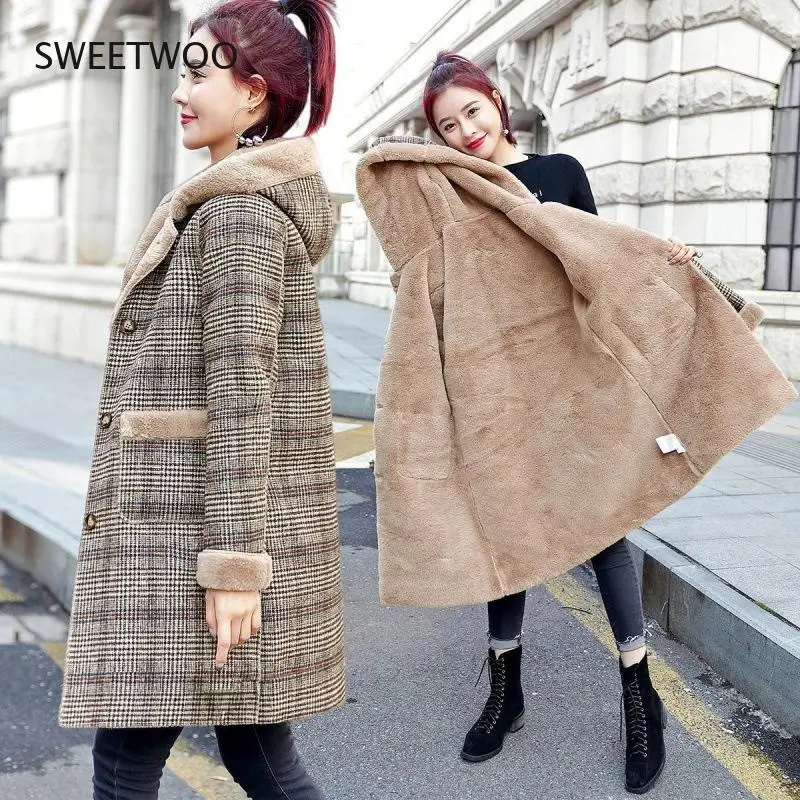 Wool Coat Women Winter Jacket New Plaid Sheep Shear Leather Fur Mid Long Coats Plus Velvet Thick Hooded Warm Wool Lady Coat