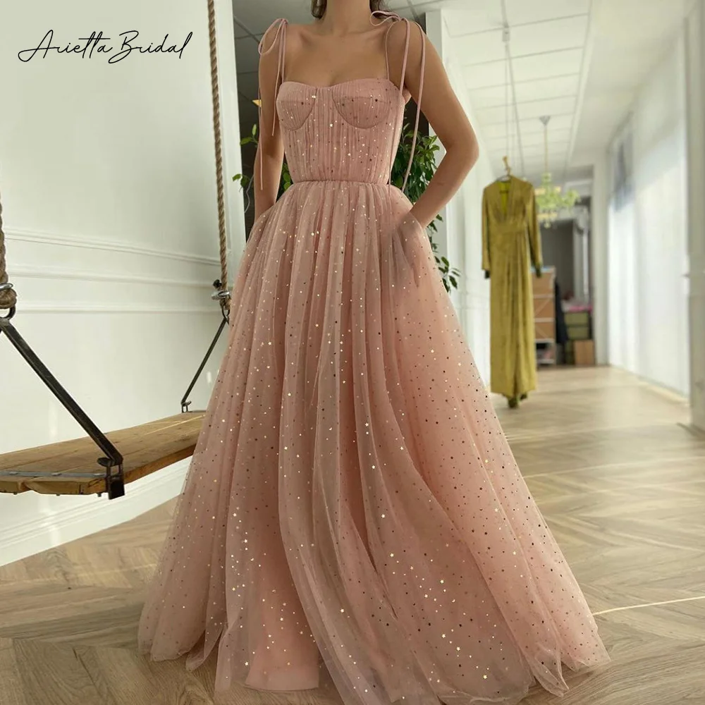 

Arietta Pink Starry Tulle Maxi Prom Dresses Sweetheart Spaghetti Straps A-Line Wedding Party Dresses with Pockets Evening Gowns
