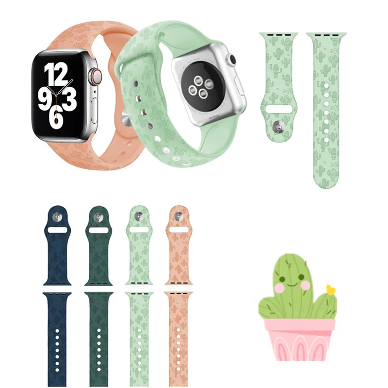 

Ремешок силиконовый для Apple Watch с изображением кактуса, летний ремешок для IWatch Series 7/SE/6, ремешок для iWatch с тиснением для Iwatch, для дам