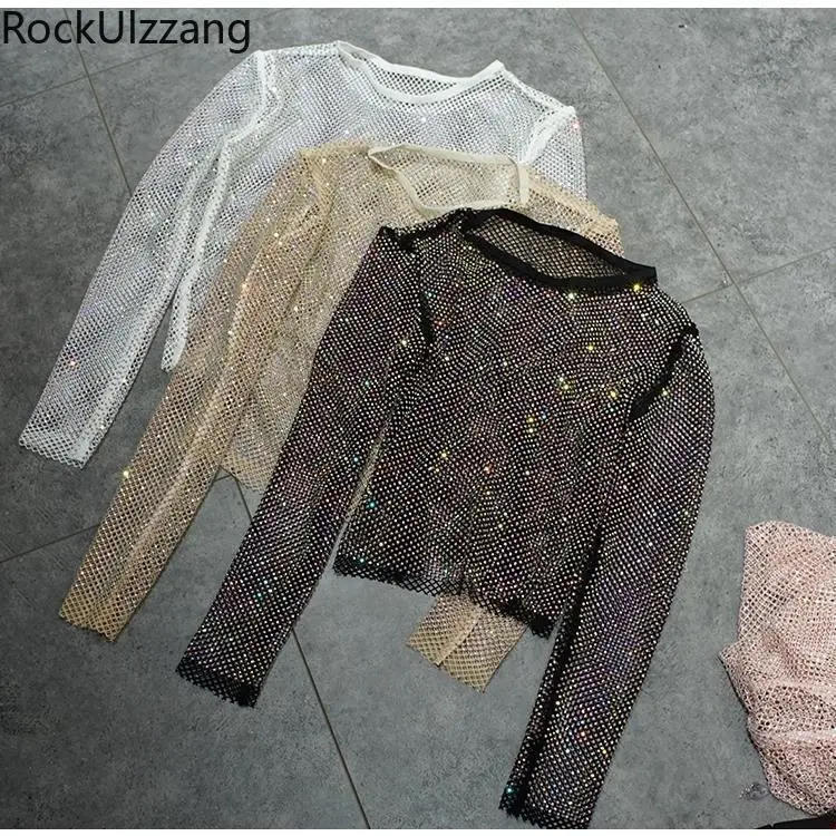 

Bling Bling Crystal Rhinestone Diamond Fish Net Slim T-Shirt Through T Shirt Aesthetic Women Goth Punk Club y2k Sexy costume top