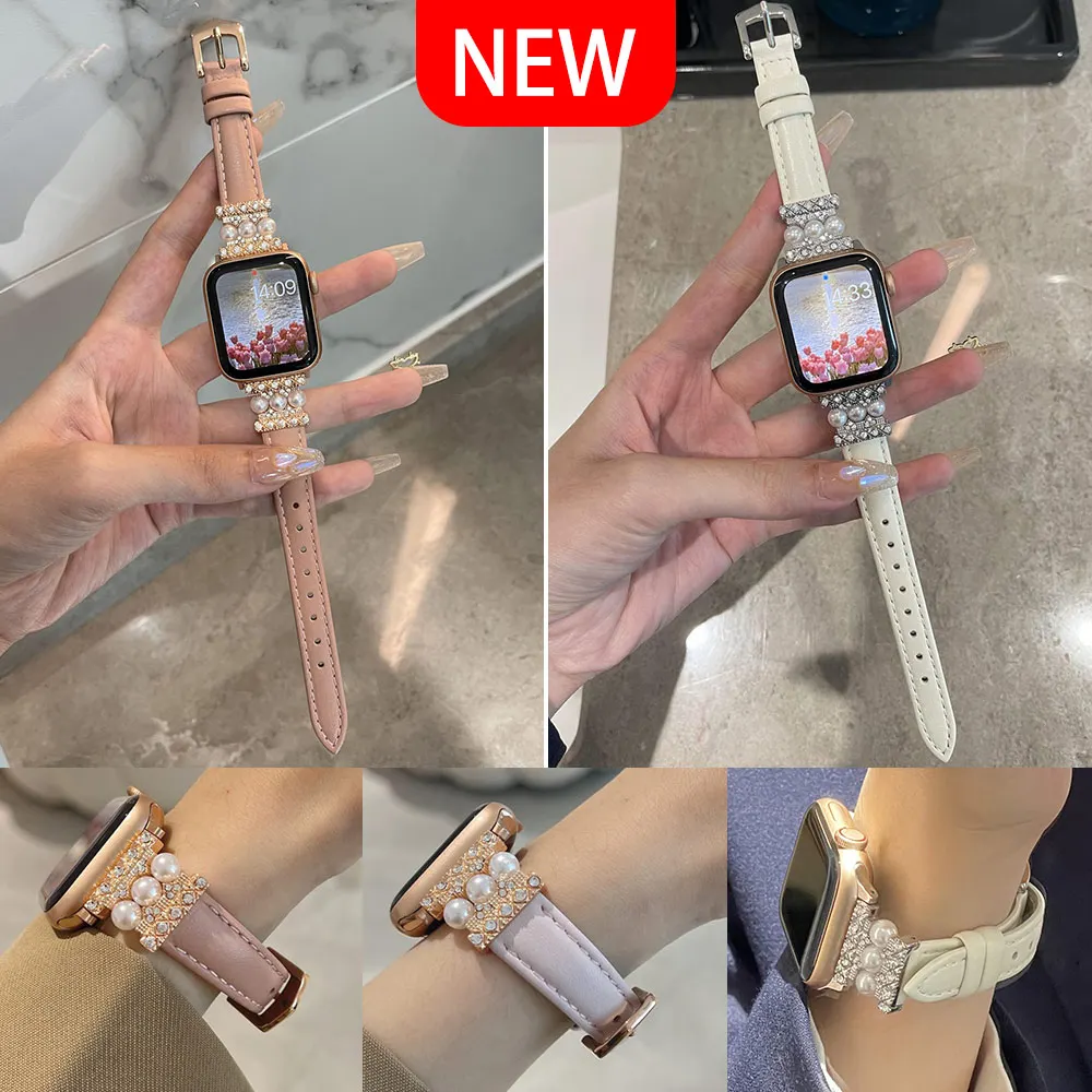 Luxury Leather Bracelet For Apple Watch Strap 41 45mm 38 42 44mm 40 Pearl Decorate Women Wrist For iWatch Series  8 7 6 5 4 3 SE