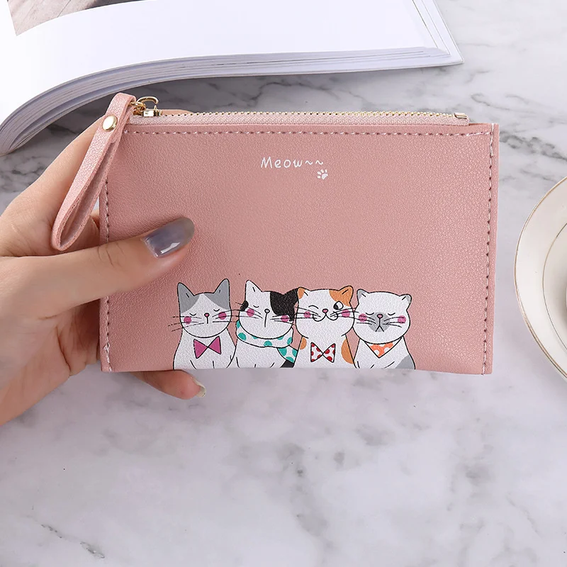 

Short Women's Wallet Ultra Thin Leather Purse Bank Card Holder Bag Cute Cartoon Cat Zipper Coin Purse Simple Thin Card Holder