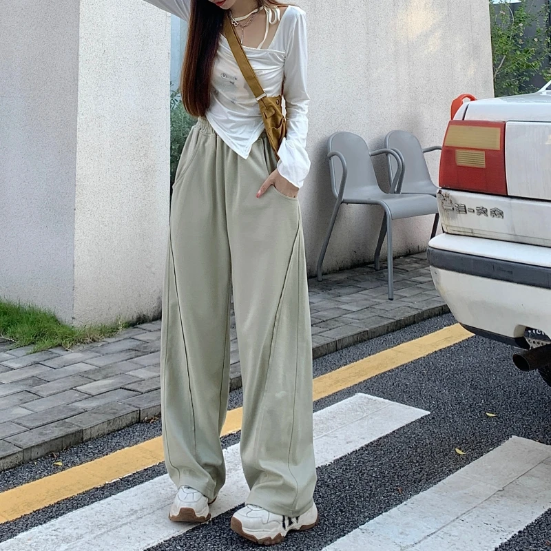 American Street Sweatpants Women Korean Fashion New Basics High Waist Elastic Baggy Wide Leg Pants for Y2K Girls