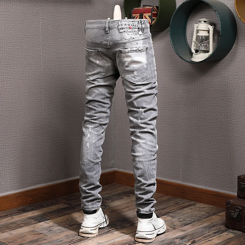 Streetwear Fashion Men Jeans Retro Light Gray Stretch Slim Printed Ripped Jeans Men Painted Designer Hip Hop Brand Pants Hombre
