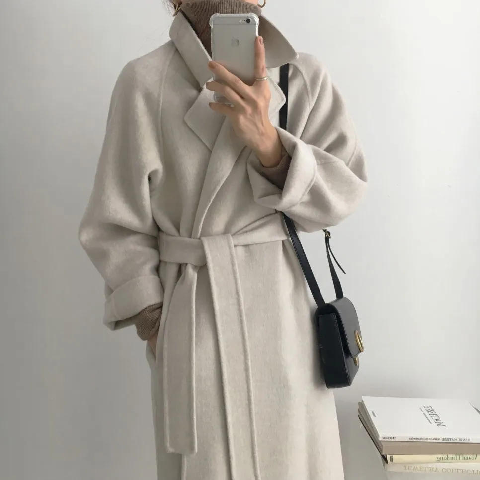 Classical Belt Retro Loose Women Woolen Coats Chic Casual Long French Lazy Style Warm Female Fresh Winter Wool