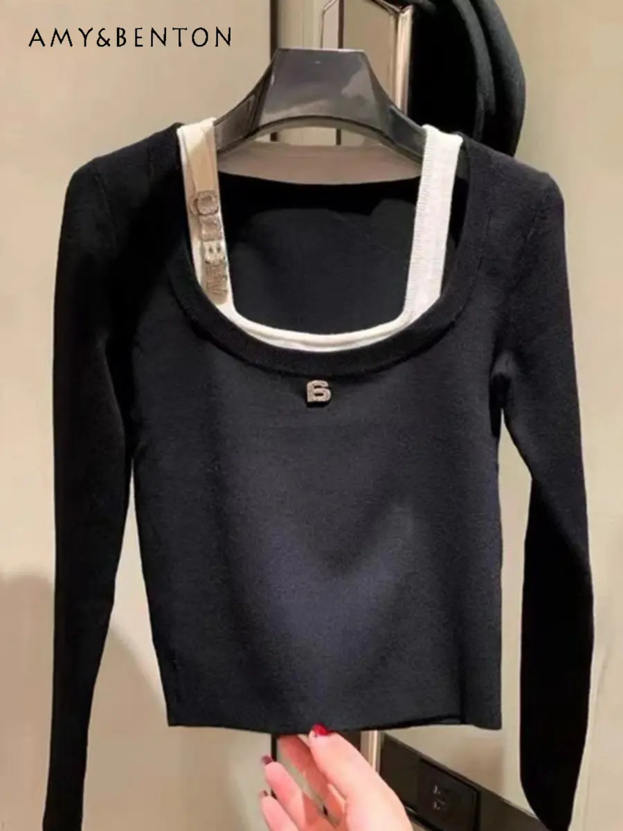 

Новинка Осень-зима поддельная трикотажная нижняя рубашка из двух предметов в Социалистическом стиле короткий свитер с квадратным воротник...