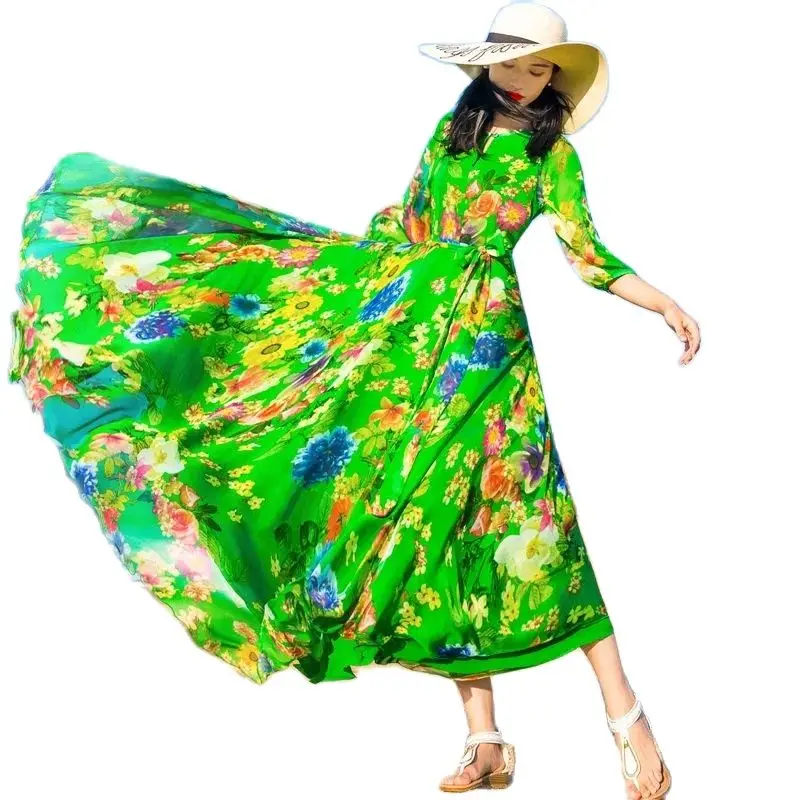 

Женское шифоновое платье с цветочным принтом, зеленое облегающее пляжное платье с тонким воротником и широкой юбкой-слинг для путешествий ...