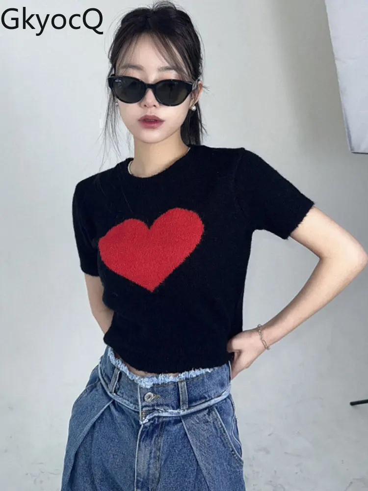 

Свитер женский зимний с круглым вырезом, коротким рукавом и коротким вязаным свитером, новинка 2022, Корейская одежда, модный короткий топ, то...