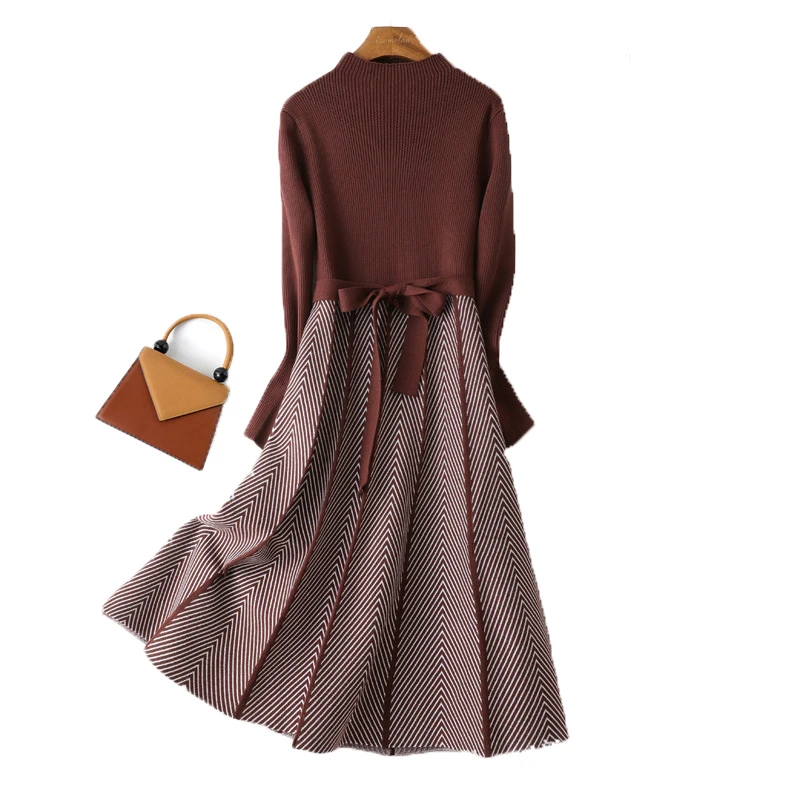 

High Collar A-line Knit Dress Women's 2022 New Thickened Arrow Striped Women Elegant Sashes Knitted Dress Dresses For Women