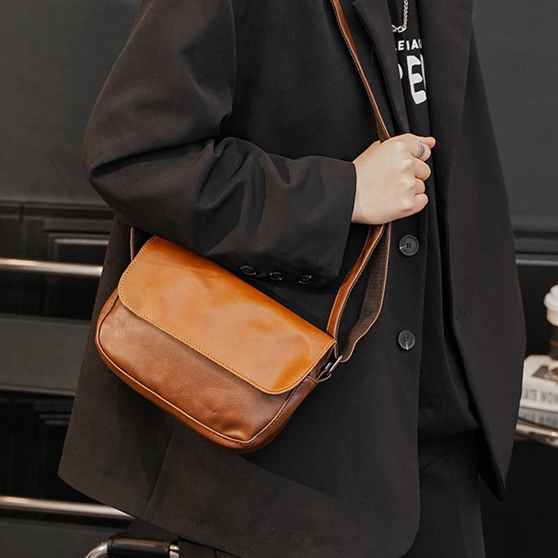 Man Leather Messenger Square Bag Long Single Strap Crossbody Bag Boys Black Mobile Phone Purse Small Shoulder Bags for Men