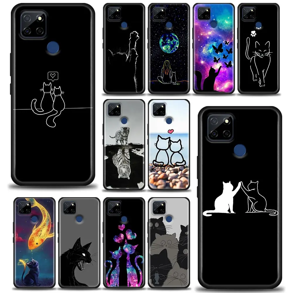 

Funny Cartoon Black Cat Line Art Silicone Case For Realme 5 6 Pro 6i 7 5G 7i 8 8i 9i 9 Pro Plus Phone Shell Case Soft Back Cover