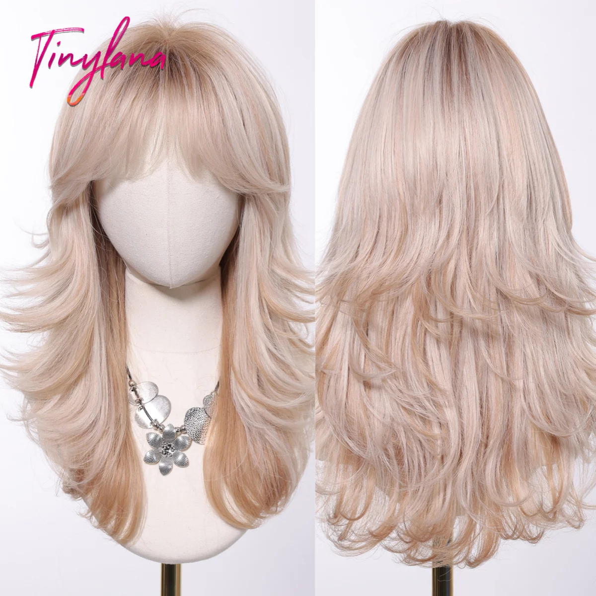 Ombre Blonde Смешанные золотистые длинные волны Синтетические парики с челкой для