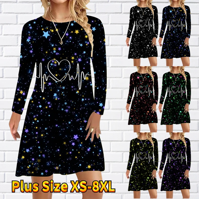 

2022 Autumn Autumn Women's Round Neck Fashion Long Sleeve Skirt Love Heart Print Dress Casual Midi Skirt Retro Knee Length Skirt