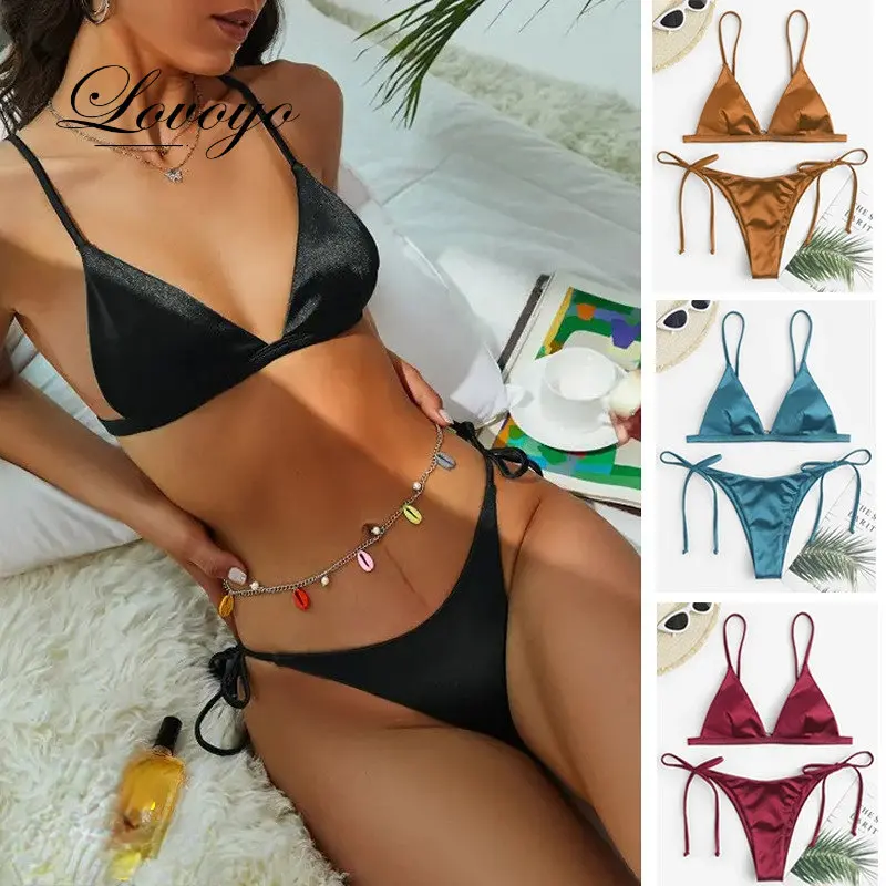 

2023 Push Up Bikinis XS Halter Swimsuit Women Gradient Shiny Swimwear Sexy Thong Bathing Suit Lace Up Triangle Bikini Set