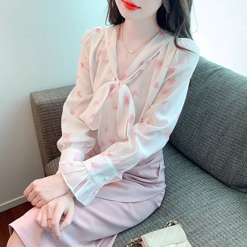 Новая женская рубашка с бантом и воротником-стойкой шифоновая длинным рукавом
