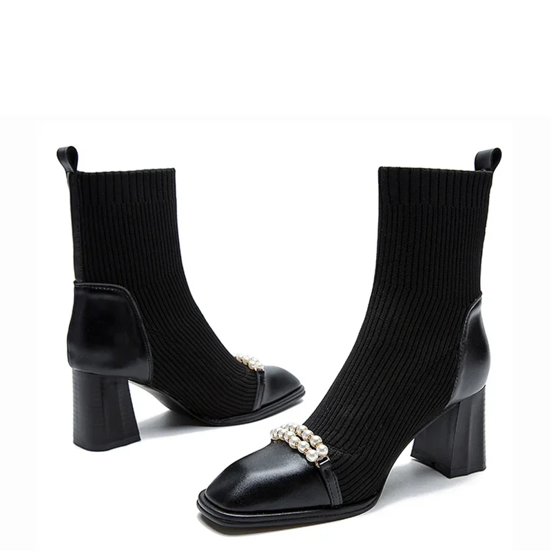 Женские эластичные носки на квадратном каблуке модная обувь с жемчужным декором