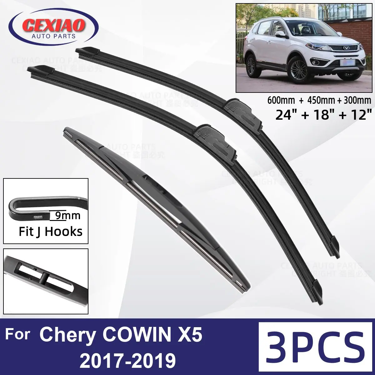 

For Chery COWIN X5 2017-2019 Car Front Rear Wiper Blades Soft Rubber Windscreen Wipers Auto Windshield 24"18"12" 2017 2018 2019