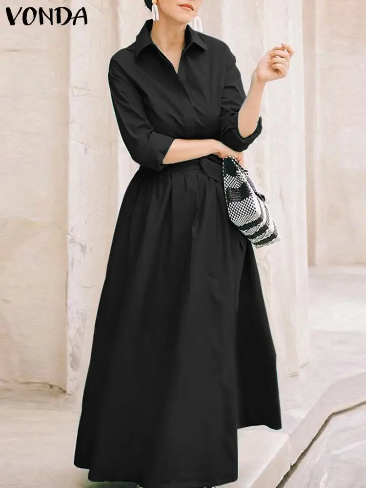 

Осеннее элегантное платье-макси VONDA 2023, женское длинное платье с отложным воротником и длинным рукавом, с поясом, на пуговицах, повседневное однотонное женское платье
