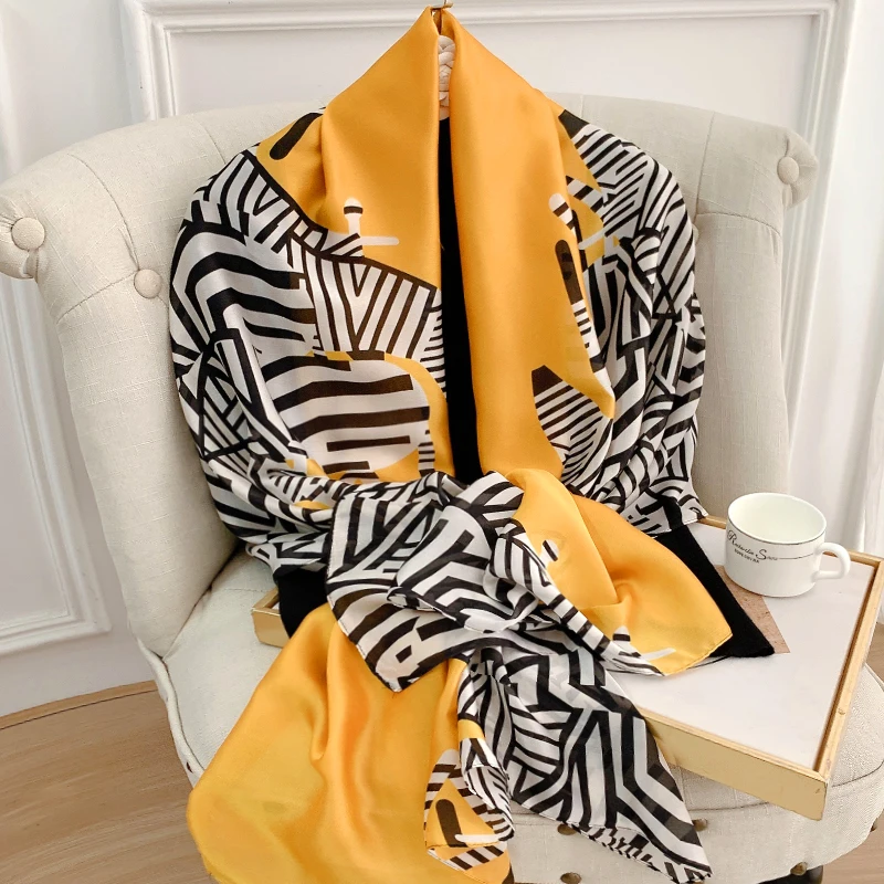 

2022 Women Silk Winter Scarf Luxury Design Print Lady Beach Shawl Scarves Fashion Smooth Foulard Female Hijab