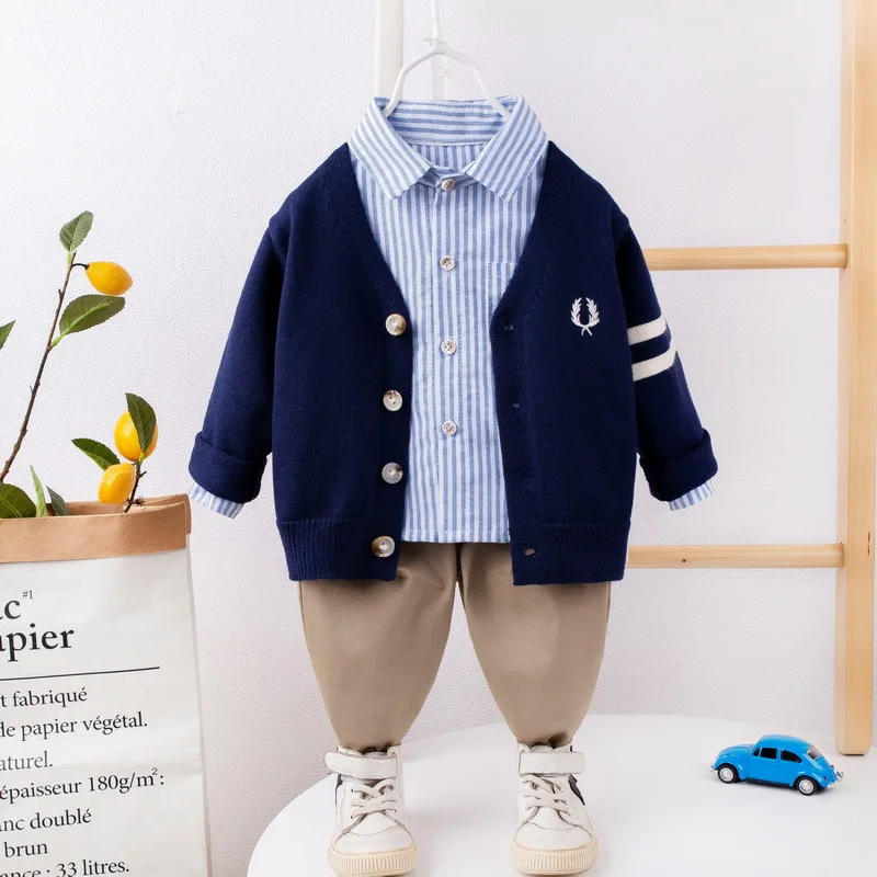 

2022 Spring Autumn Children Boys 3PCS Clothing Set Knitted Cardigan Coat Cotton Shirts Casual Pants Baby Boys Clothes Suit