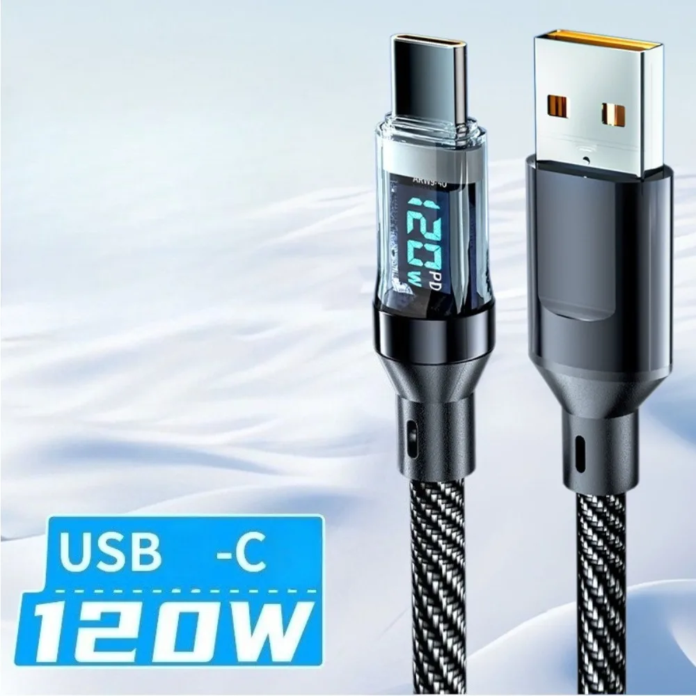Фото Кабель USB 100W/120W для быстрой зарядки с LED-дисплеем, высокоскоростной зарядный кабель Type-C для телефона №1