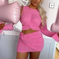 pink party autumn streetwear long sleeve crop top design mini dress suit sexy elegant 2 piece skirt set fashion birthday club
