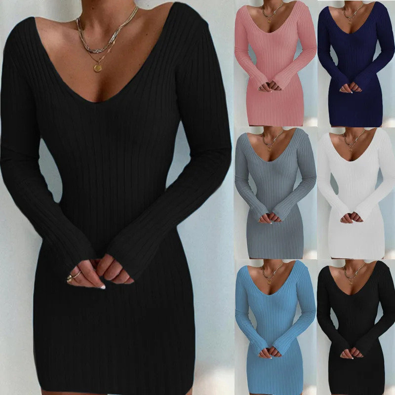 

Autumn Dress Sexy Slim Long Sleeves V Neck Solid Knit Coat 2022 Fashion Women Sweater Knitwear Streetwear Casual Midi Dresses