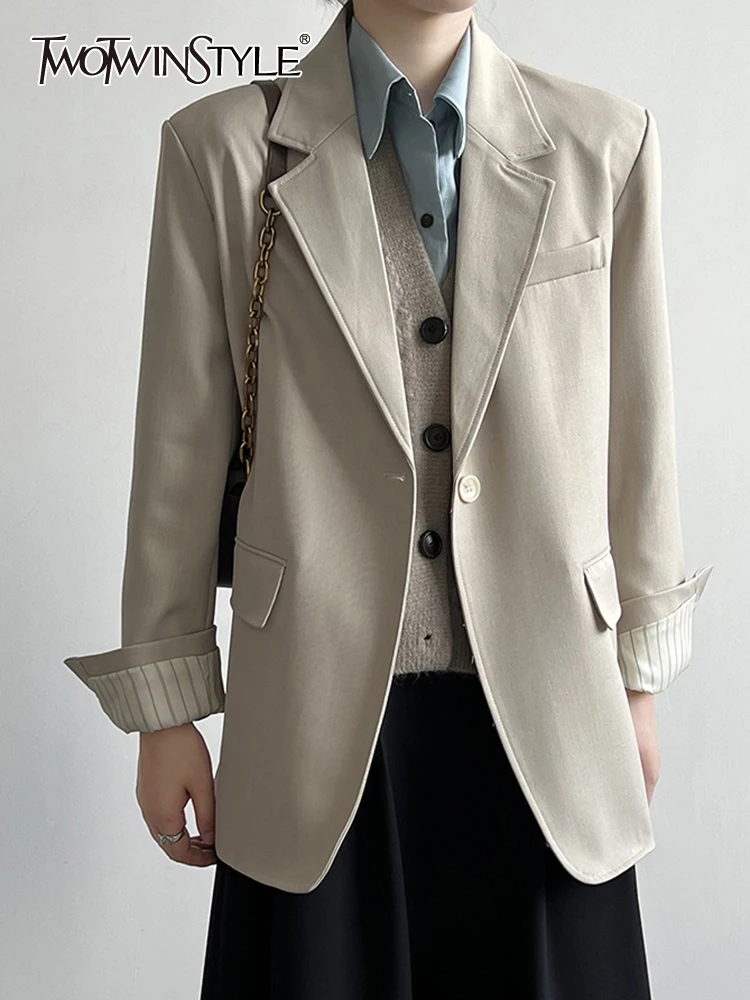 

TWOTWINSTYLE Solid Minimalist Blazers For Women Notched Collar Long Sleeve Patchwork Single Button Temeprament Blazer Female New