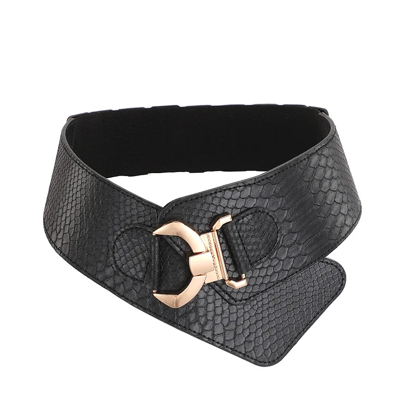 

Fashion Women PU Waist Belts Solid Stretch Elastic Obi Wide Belts Skirt Dress Adornment Retro Crocodile Pattern Ladies Waistband