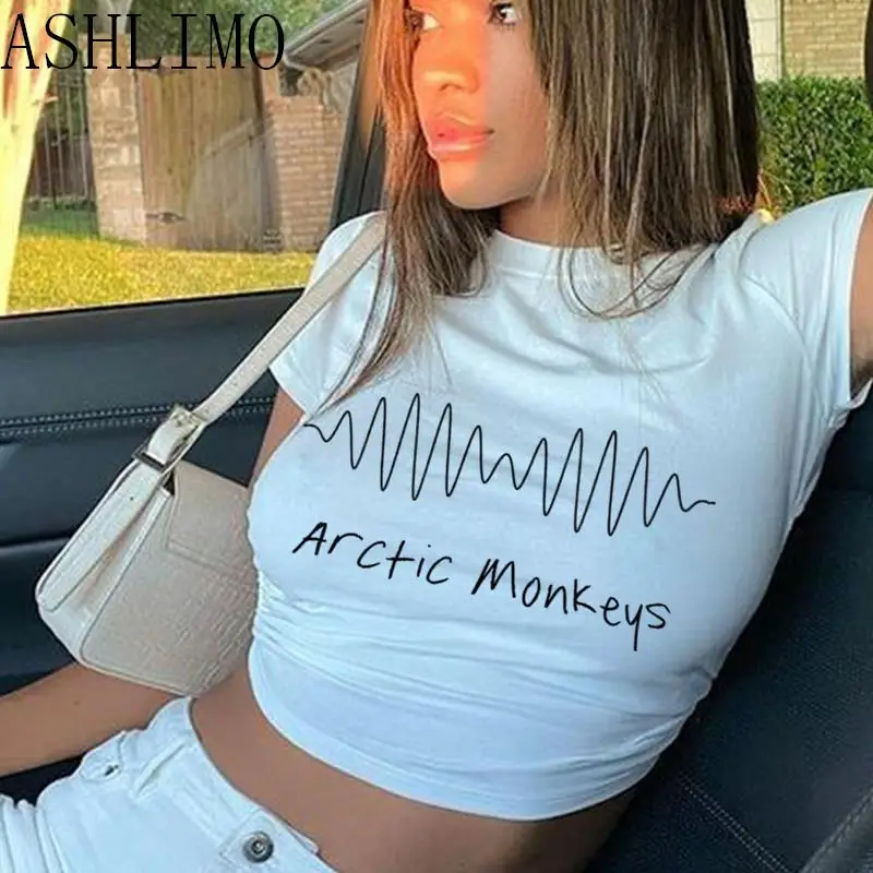 

Monkeys Sound Wave Rock Band 2000s Retro Arctic T-Shirt Gothic Women Summer White Short Sleeve Slim Baby Streetwear Y2k Crop Top