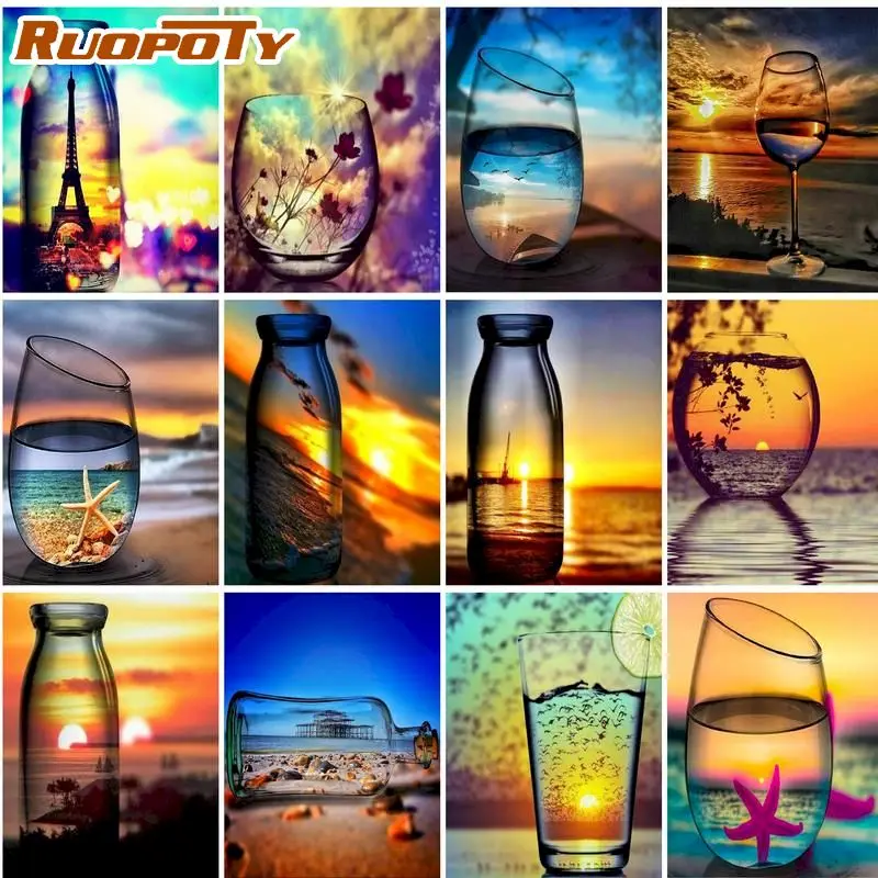 Купи RUOPOTY Acrylic digital painting landscape Glass bottle DIY digital painting canvas hand-painted frame landscape за 364 рублей в магазине AliExpress