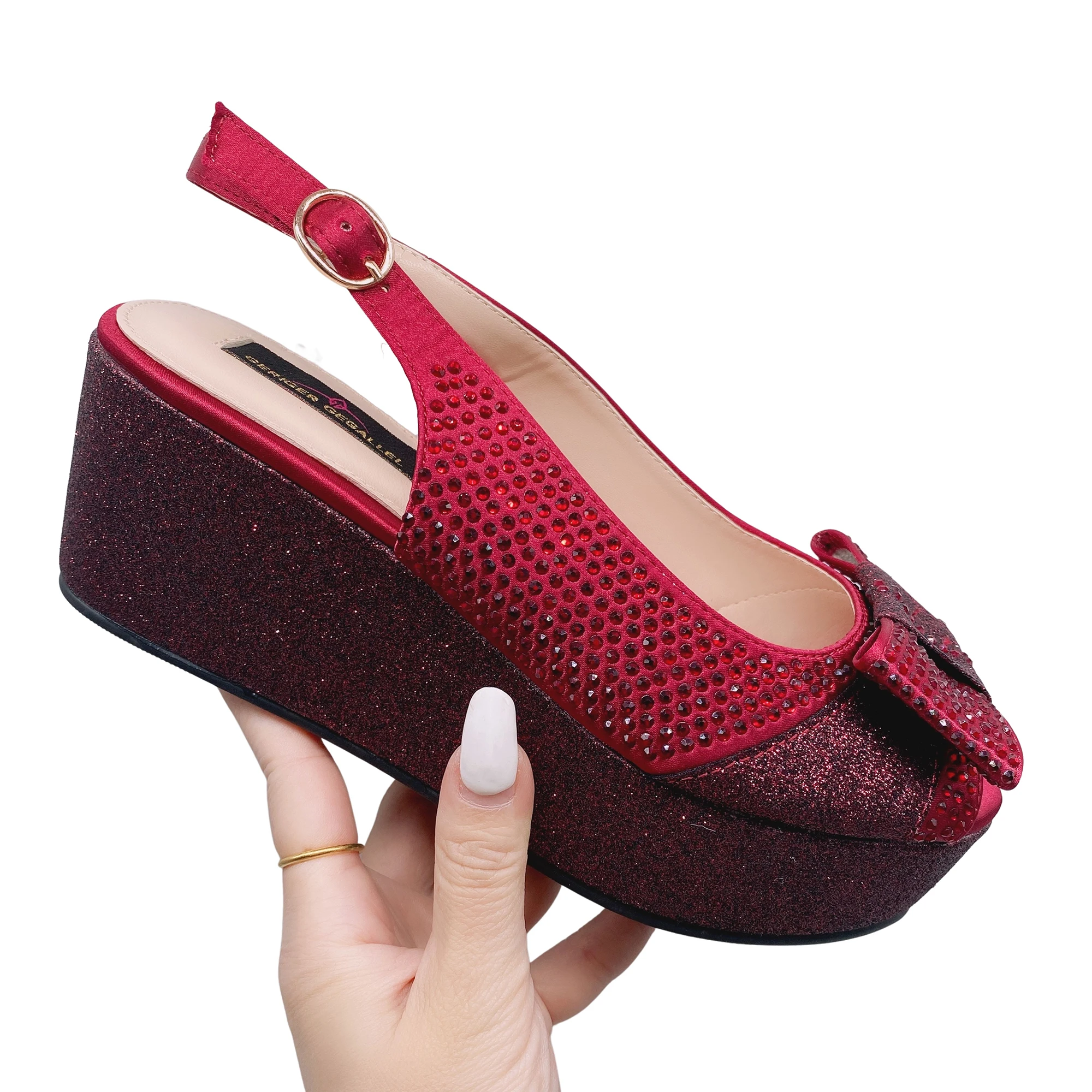 Yellow Peep Toe Wedge Sandals 2023 NEW Arrivals Chunky Wedge Heel Back Strap Women Shoes Bling Bling Bowknot Glitter Sandal Lady