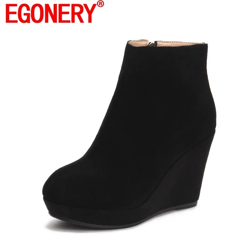 

EGONERY Winter New Come Woman Ankle Boots Platform High Heels Wedges Handmade Fashion Shoes Ladies Side Zipper Party Booties