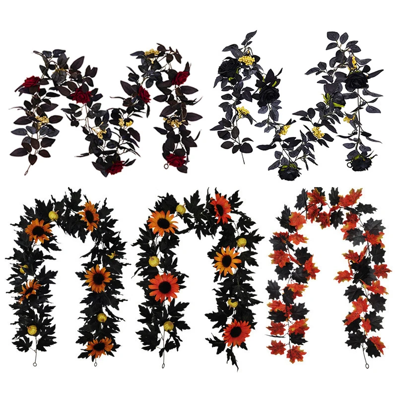 

180cm Artificial Maple Leaf Halloween Black Maple Rattan Decor Sunflower Pumpkin Indoor Wall Hanging Garden Decoration Fake Vine