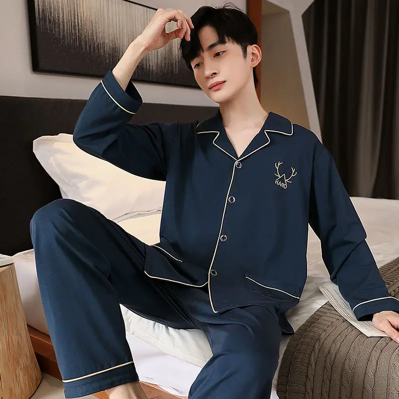 1 2023 new men's pajamas spring and autumn high-grade cotton long-sleeved trousers two-piece suit home clothes